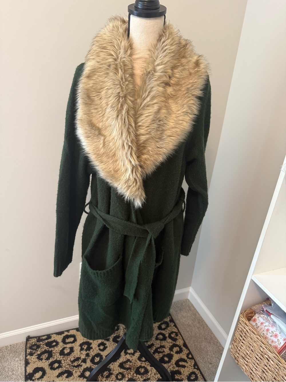 Torrid Green Knit Coatigan with Tan Faux Fur Collar